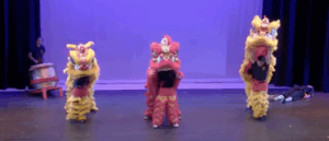 Action shot of Lion dance performance in Shriver Hall
