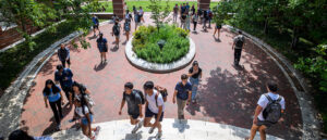An overhead view of many students walking along a brick pathway, with a green quad in the background.