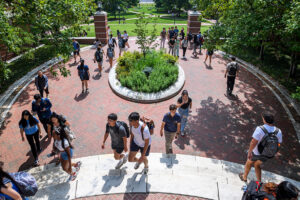 An overhead view of many students walking along a brick pathway, with a green quad in the background.