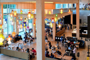 Students eating in a food court